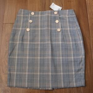 NWT H&M Preppy Plaid Mini Skirt Gold Buttons Blue Tan US 6 Academia‎
